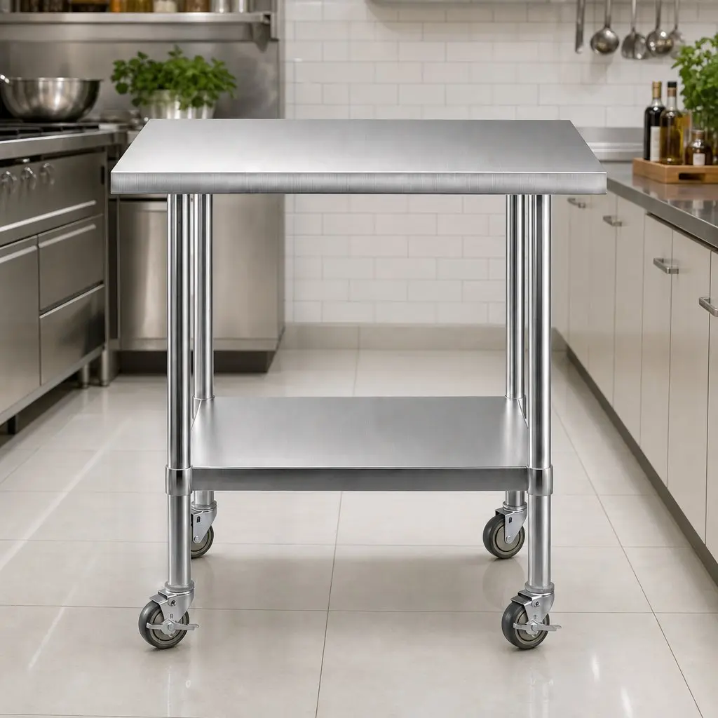 Stainless Steel Kitchen Work Bench Prep Table 914x762mm Castor Wheels
