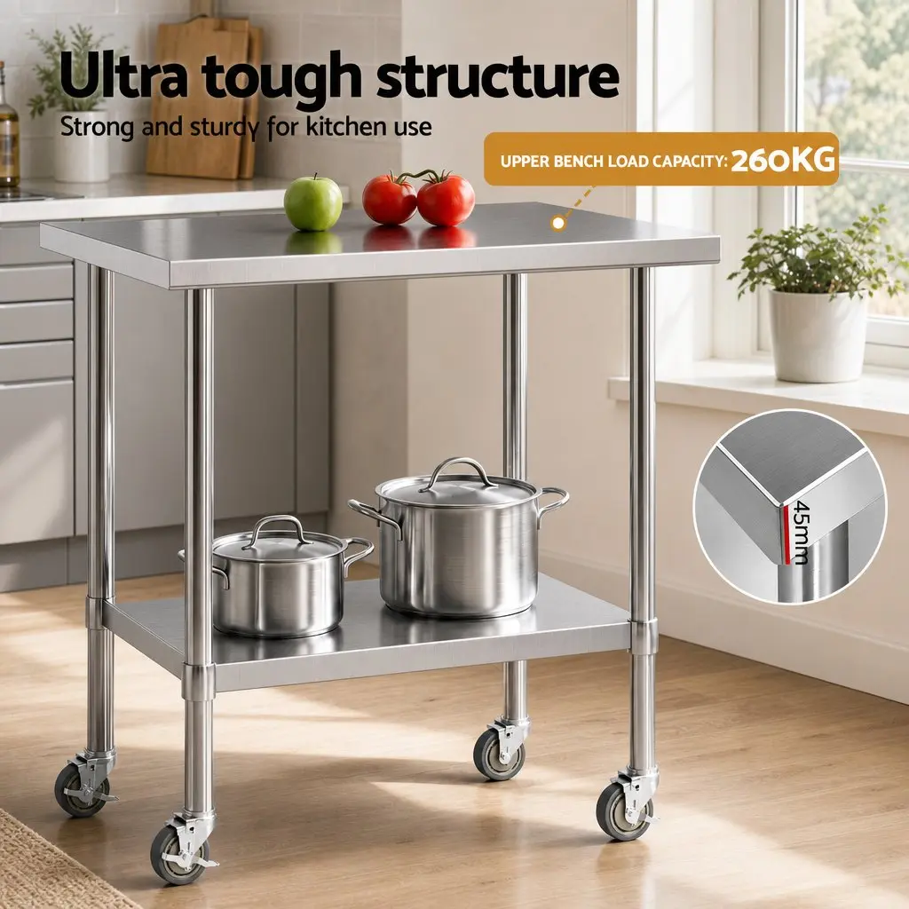 Stainless Steel Kitchen Work Bench Prep Table 914x762mm Castor Wheels