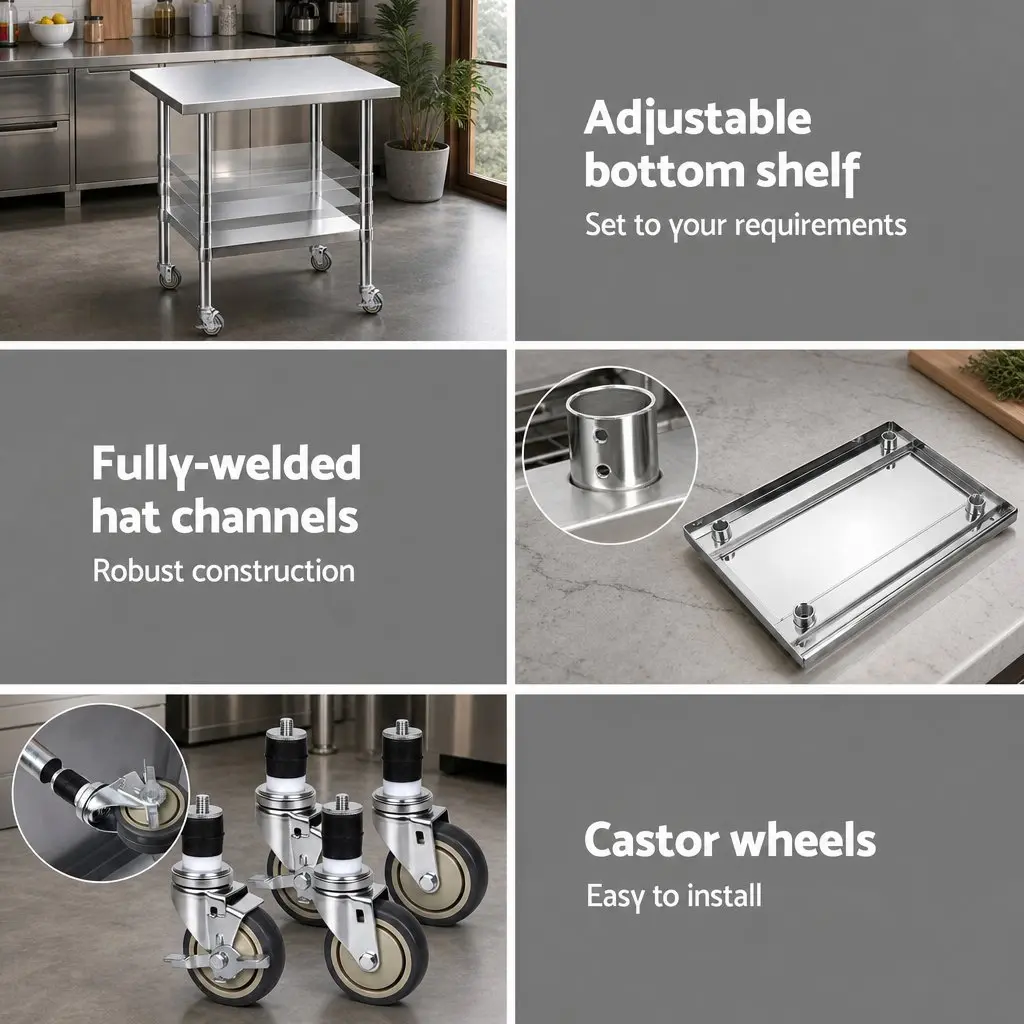 Stainless Steel Kitchen Work Bench Prep Table 914x762mm Castor Wheels