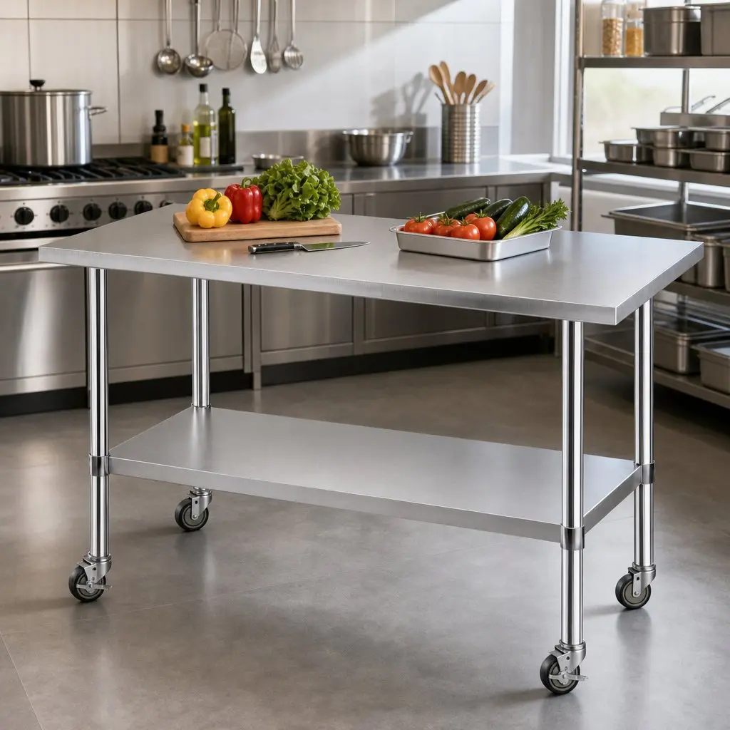 Stainless Steel Kitchen Work Bench 1524x762mm Prep Table with Splashback Castor