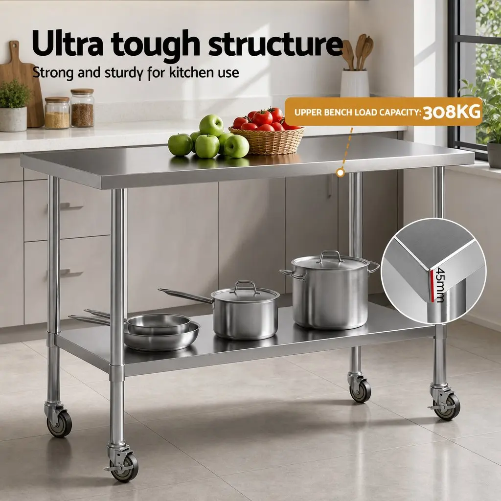 Stainless Steel Kitchen Work Bench 1524x762mm Prep Table with Splashback Castor