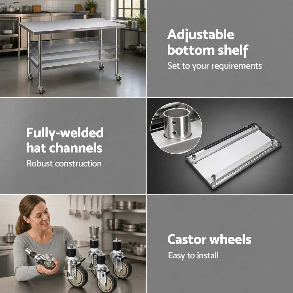 Stainless Steel Kitchen Work Bench 1524x762mm Prep Table with Splashback Castor