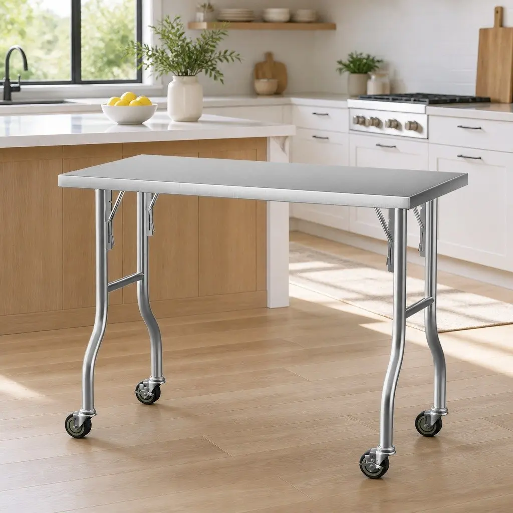Stainless Steel Kitchen Work Bench Foldable Legs 122x61cm with Wheels