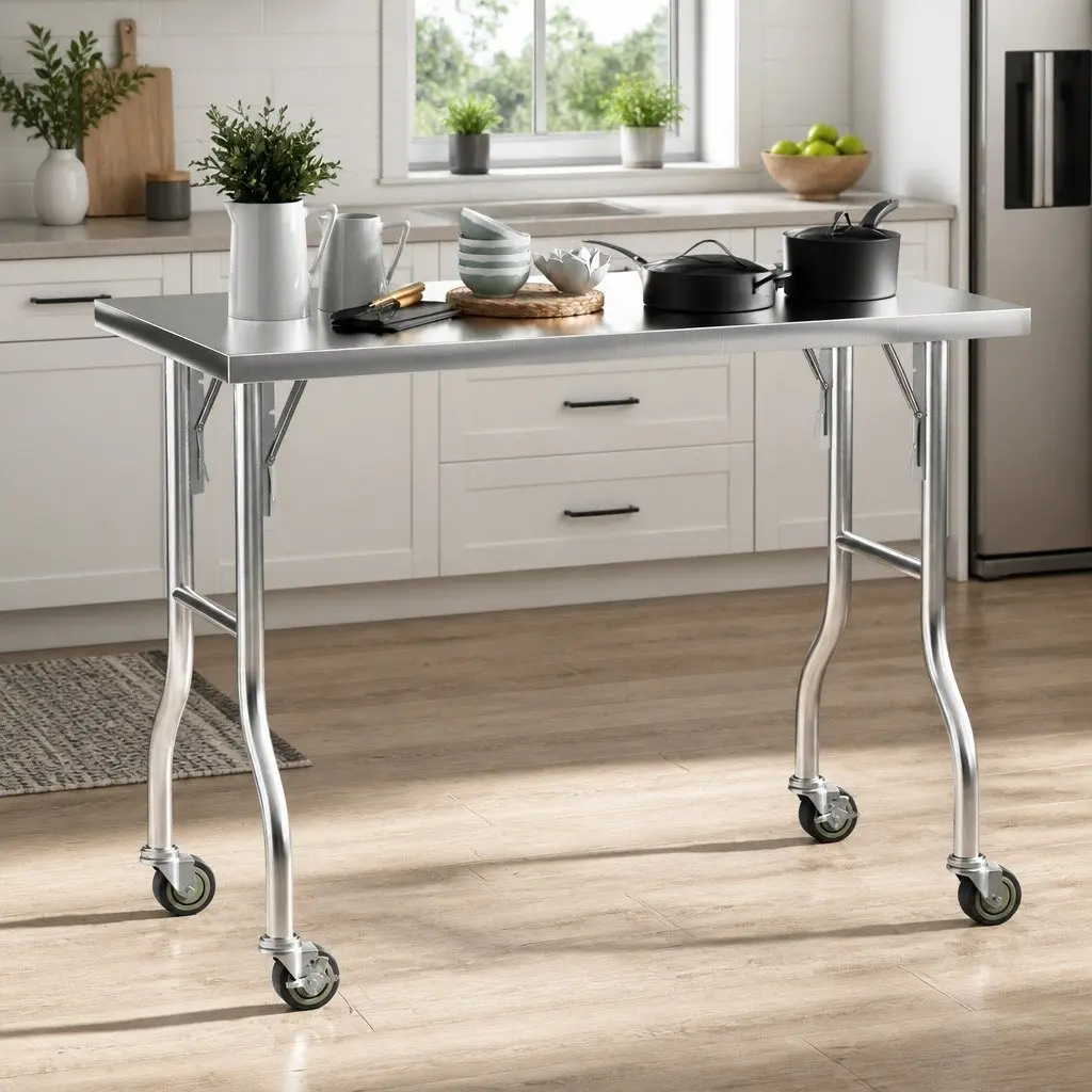 Stainless Steel Kitchen Work Bench Foldable Legs 122x61cm with Wheels