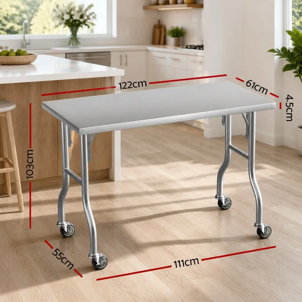Stainless Steel Kitchen Work Bench Foldable Legs 122x61cm with Wheels