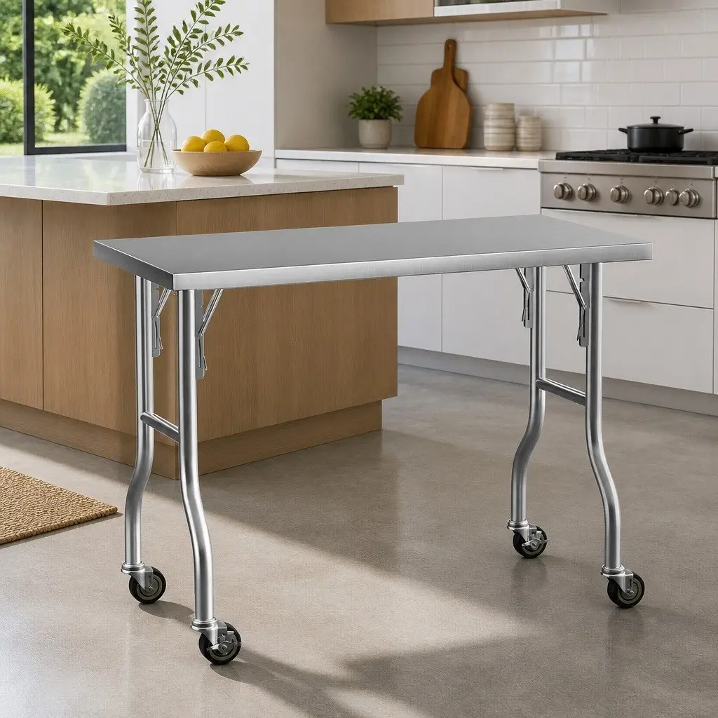 Stainless Steel Kitchen Work Bench Foldable Legs 122x61cm with Wheels