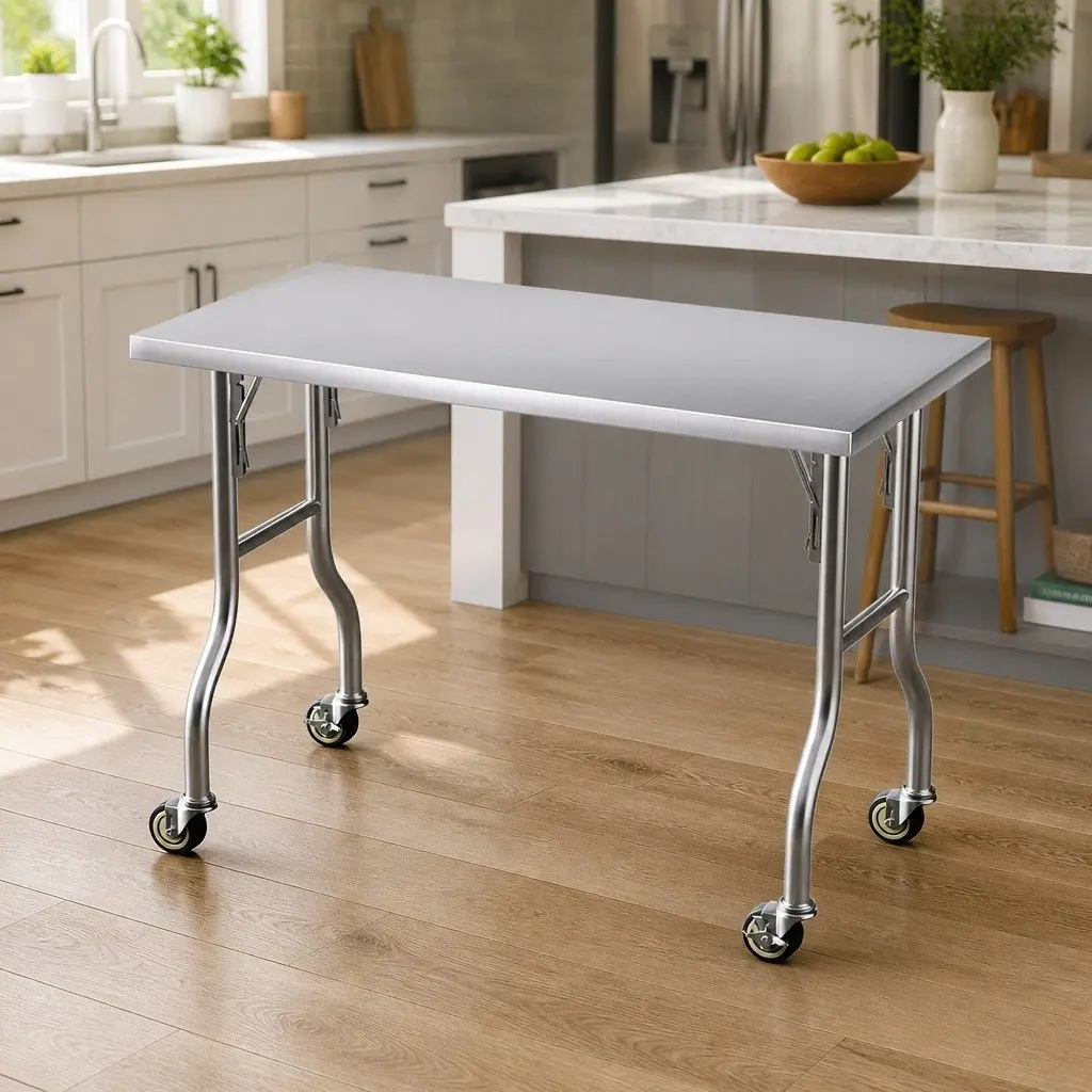 Stainless Steel Kitchen Work Bench Foldable Legs 122x61cm with Wheels