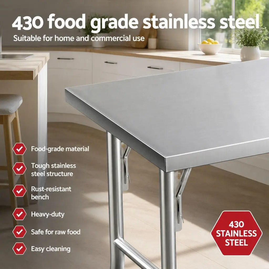Stainless Steel Kitchen Work Bench Foldable Legs 122x61cm with Wheels