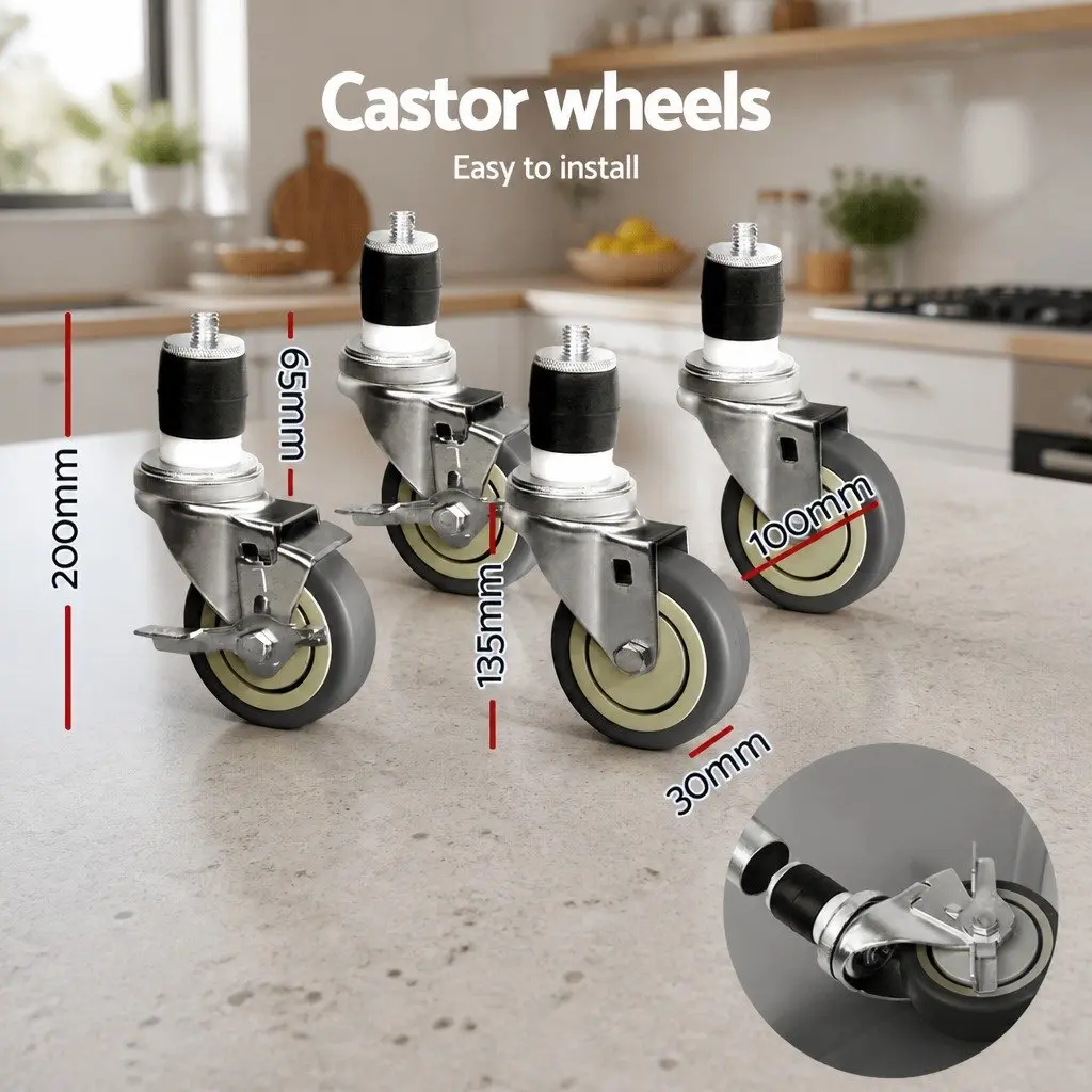 Stainless Steel Kitchen Work Bench Foldable Legs 122x61cm with Wheels