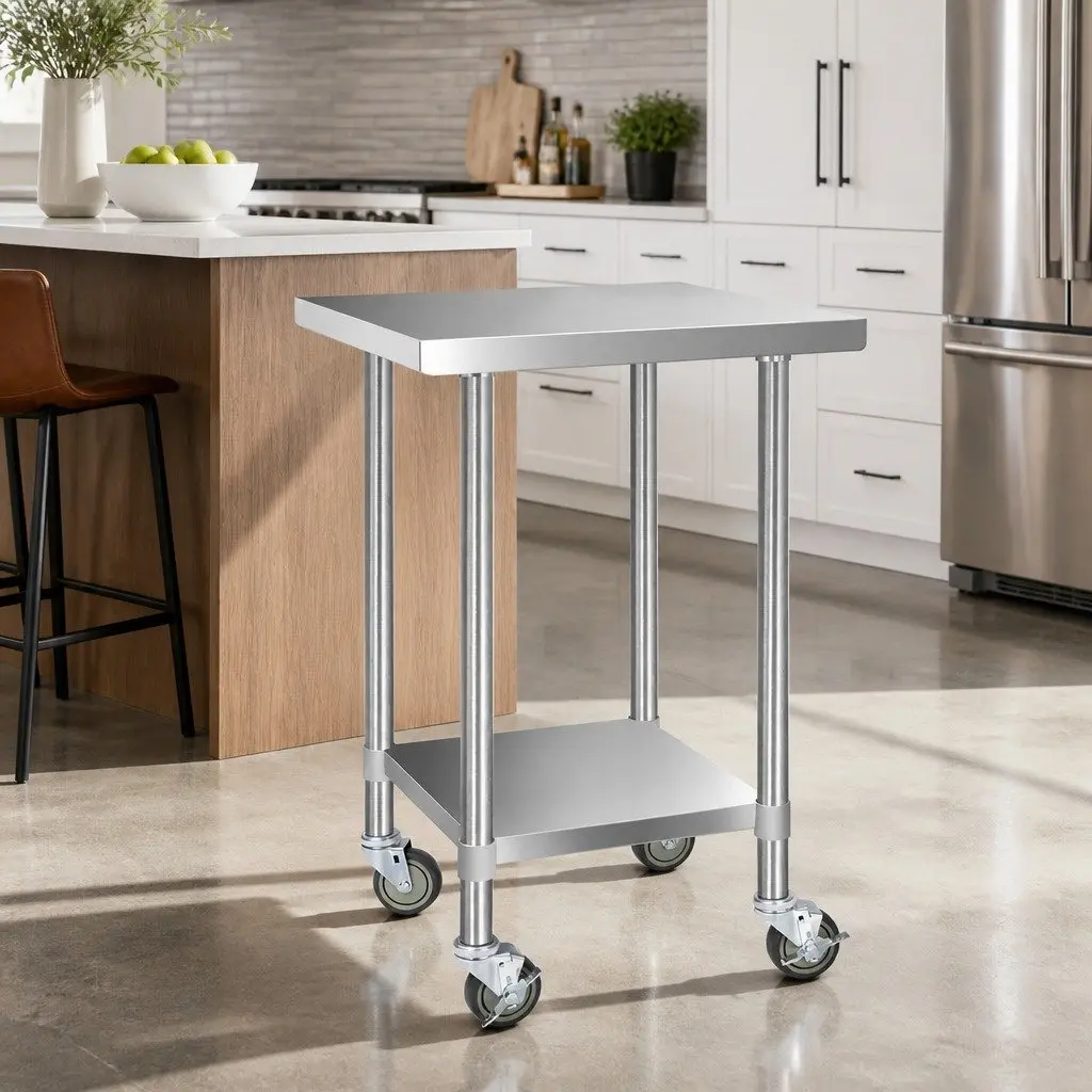 Stainless Steel Kitchen Work Bench 610x610mm with Trolley Wheels