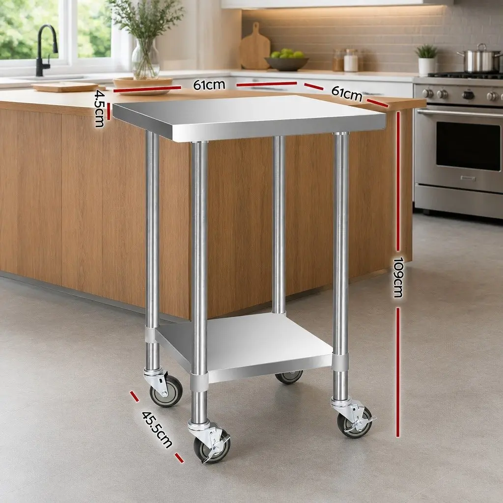 Mobile Trolley Kitchen Work Bench Stainless Steel 610x610mm with Adjustable Shelf and Lockable Castor Wheels
