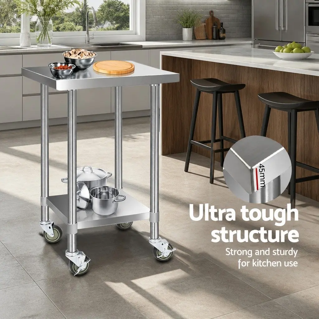 Mobile Trolley Kitchen Work Bench Stainless Steel 610x610mm with Adjustable Shelf and Lockable Castor Wheels