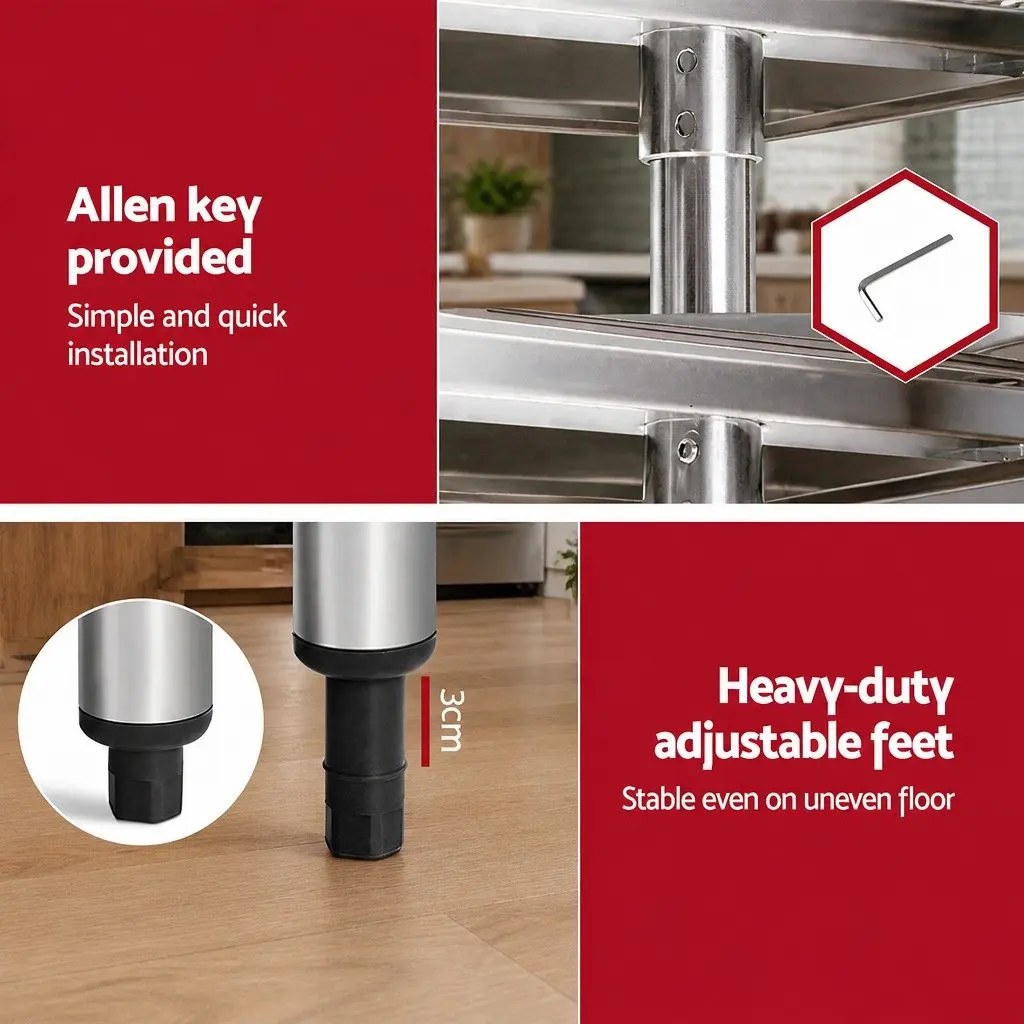 Mobile Trolley Kitchen Work Bench Stainless Steel 610x610mm with Adjustable Shelf and Lockable Castor Wheels