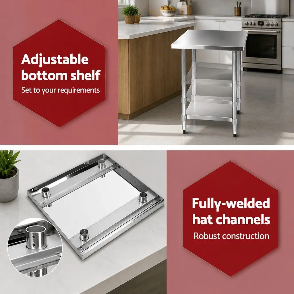 Mobile Trolley Kitchen Work Bench Stainless Steel 610x610mm with Adjustable Shelf and Lockable Castor Wheels