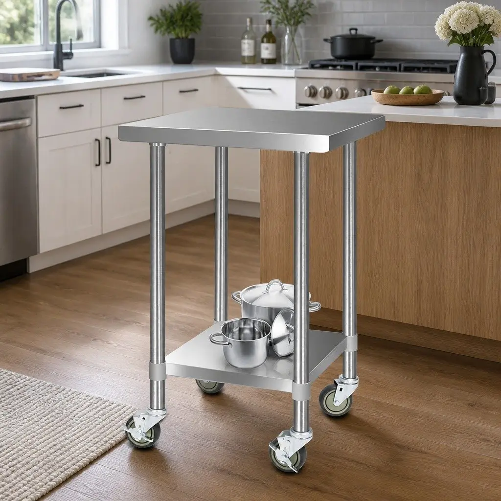 Mobile Trolley Kitchen Work Bench Stainless Steel 610x610mm with Adjustable Shelf and Lockable Castor Wheels