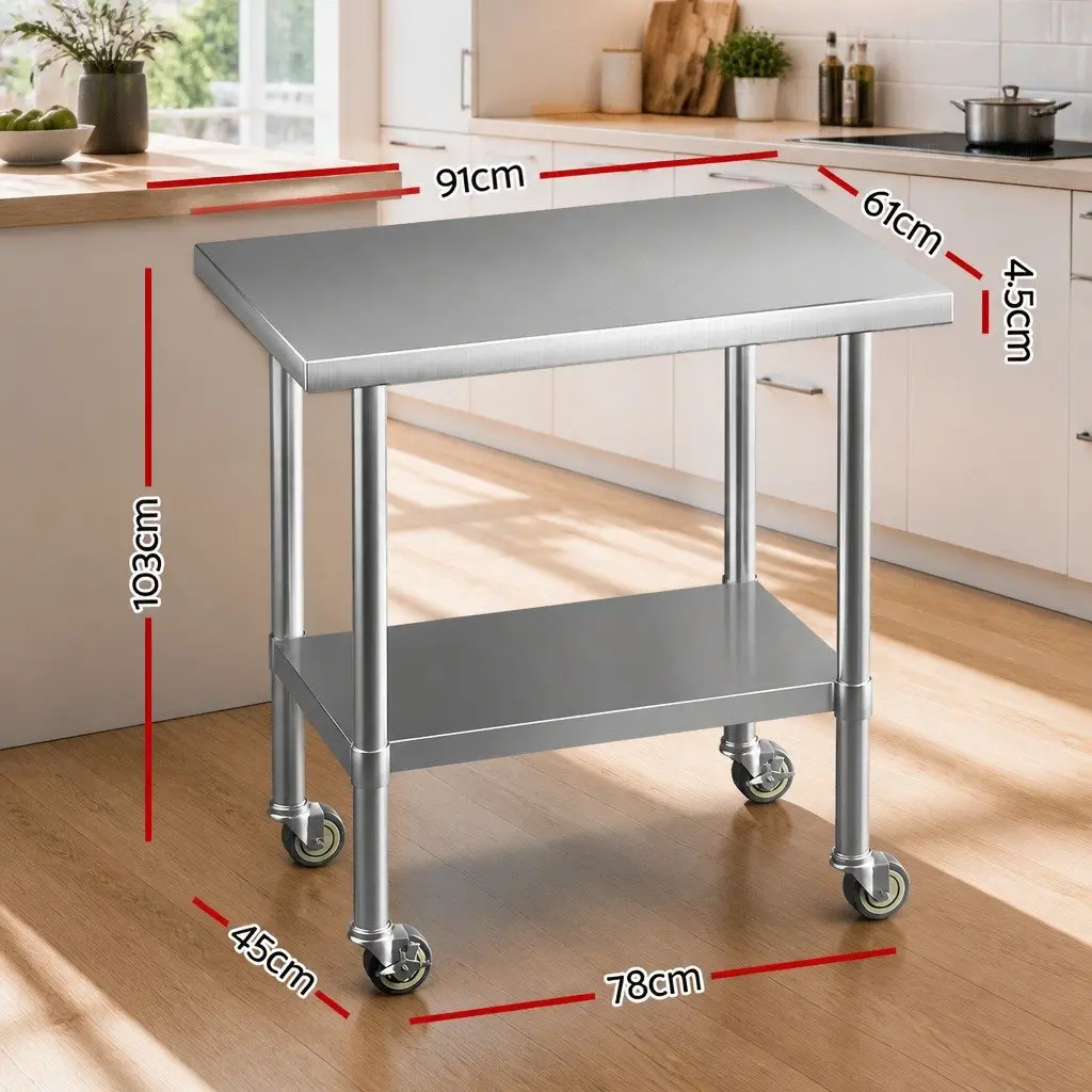 Stainless Steel Kitchen Work Bench Adjustable Shelf 91x61cm Heavy Duty with Wheels