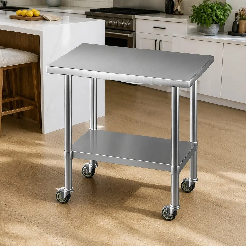 Stainless Steel Kitchen Work Bench Adjustable Shelf 91x61cm Heavy Duty with Wheels