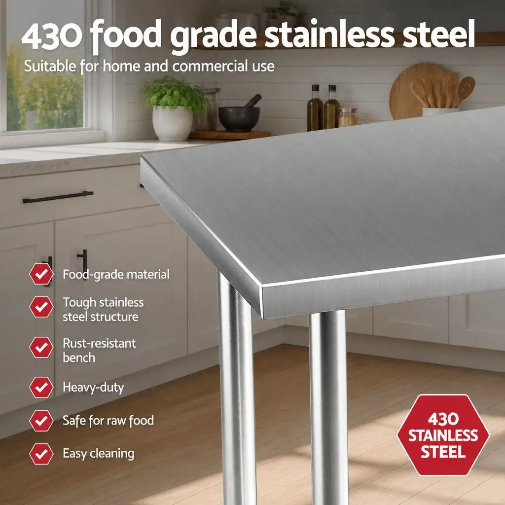 Stainless Steel Kitchen Work Bench Adjustable Shelf 91x61cm Heavy Duty with Wheels