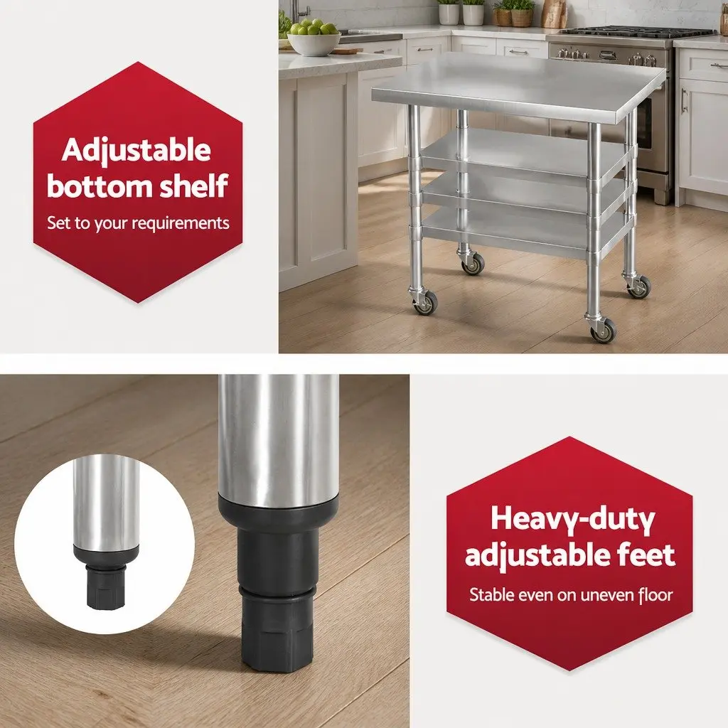 Stainless Steel Kitchen Work Bench Adjustable Shelf 91x61cm Heavy Duty with Wheels