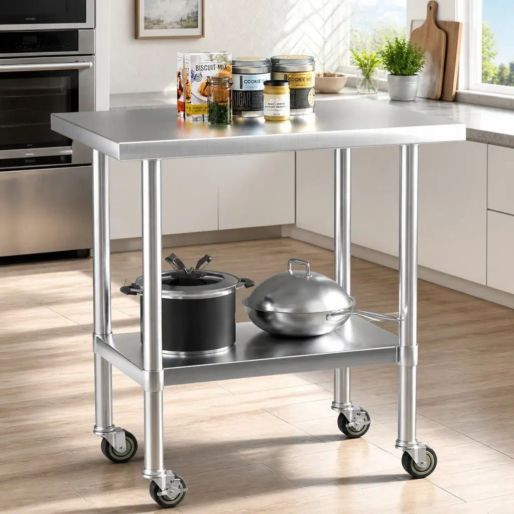 Stainless Steel Kitchen Work Bench Adjustable Shelf 91x61cm Heavy Duty with Wheels