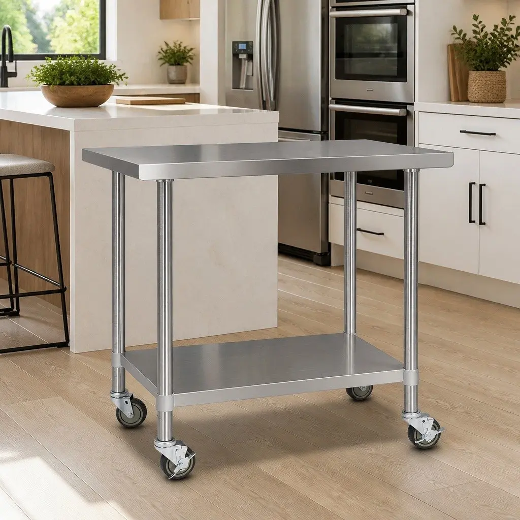 Stainless Steel Kitchen Bench with Lockable Wheels Adjustable Shelf Storage