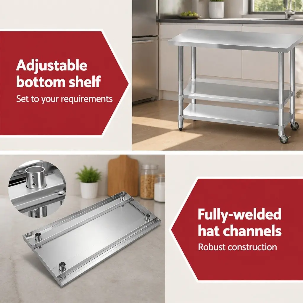 Stainless Steel Kitchen Bench with Lockable Wheels Adjustable Shelf Storage
