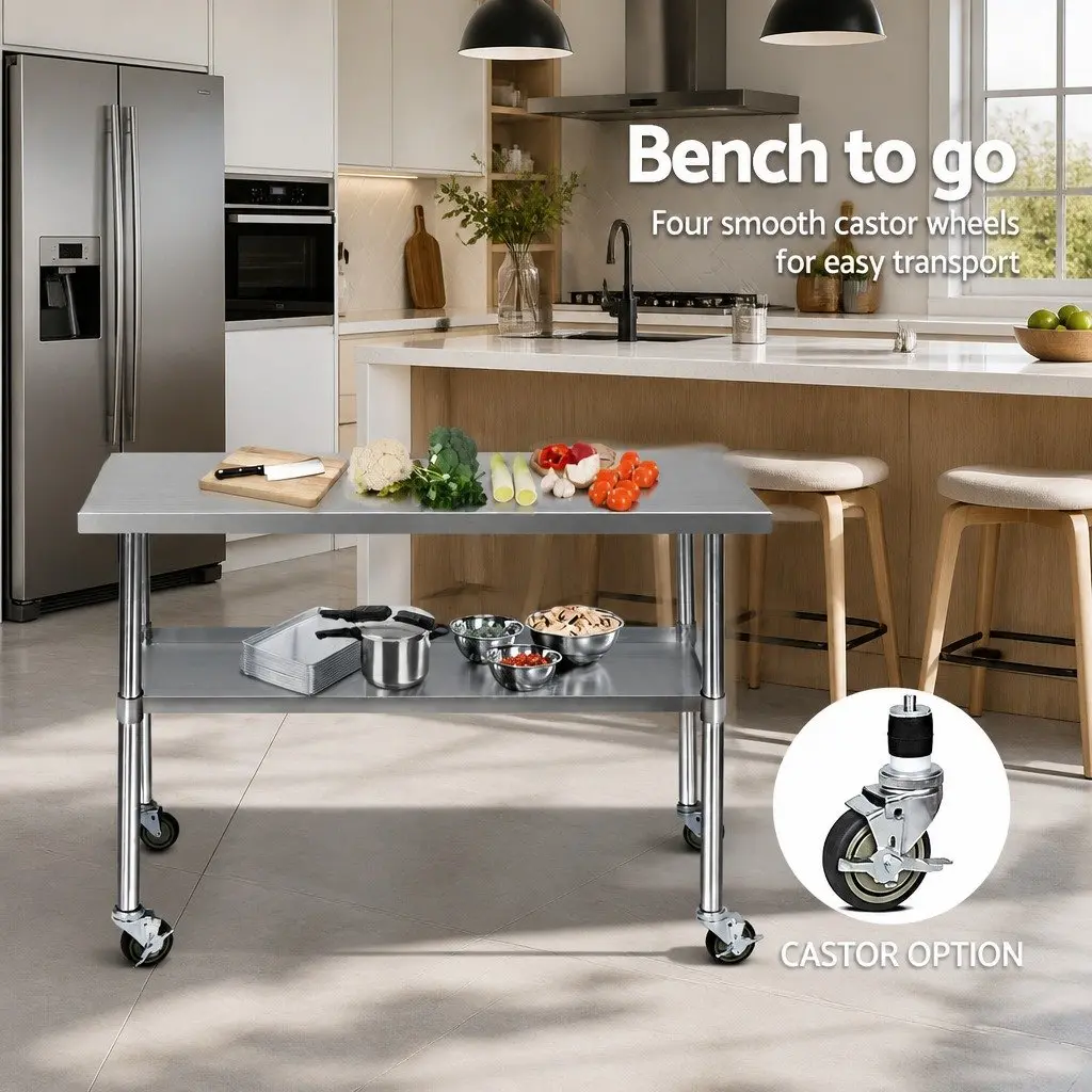 Stainless Steel Kitchen Bench with Lockable Wheels Adjustable Shelf Storage