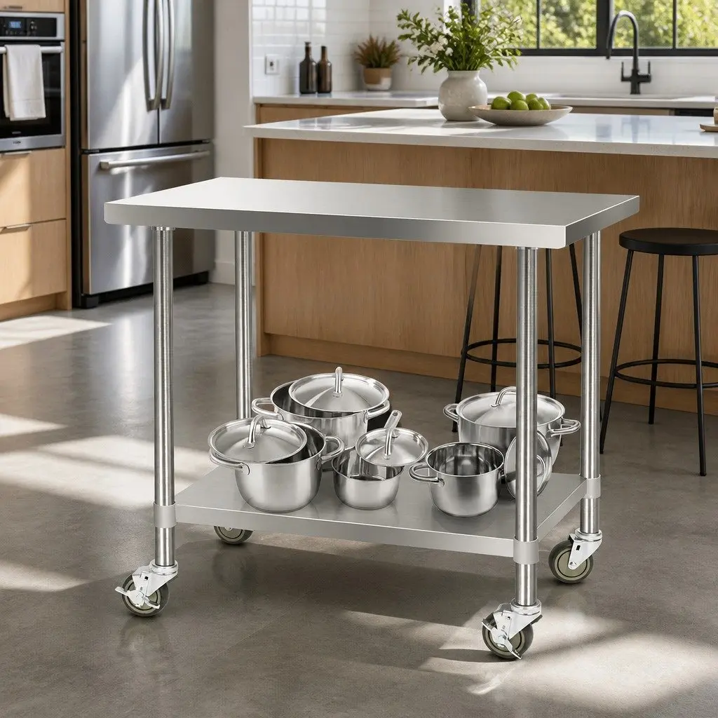 Stainless Steel Kitchen Bench with Lockable Wheels Adjustable Shelf Storage
