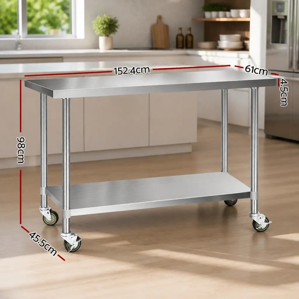 Stainless Steel Kitchen Bench Mobile Adjustable Shelf Work Table with Wheels 1524 x 610 x 980mm