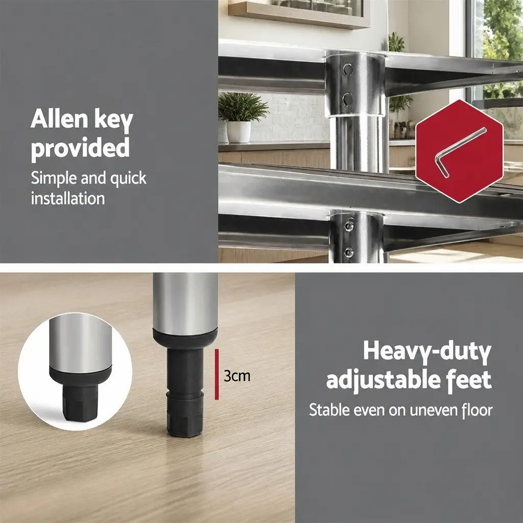 Stainless Steel Kitchen Bench Mobile Adjustable Shelf Work Table with Wheels 1524 x 610 x 980mm