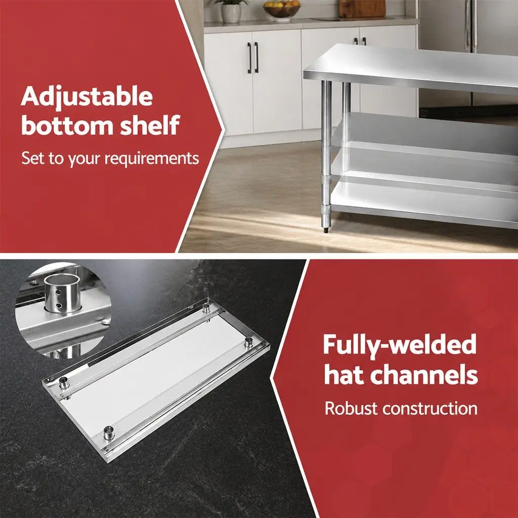 Stainless Steel Kitchen Bench Mobile Adjustable Shelf Work Table with Wheels 1524 x 610 x 980mm