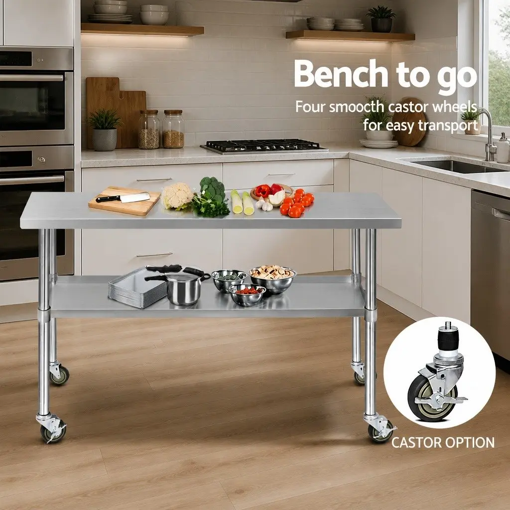 Stainless Steel Kitchen Bench Mobile Adjustable Shelf Work Table with Wheels 1524 x 610 x 980mm