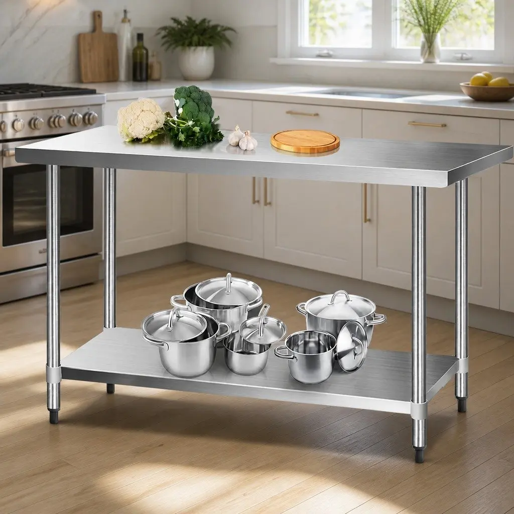 Stainless Steel Kitchen Bench Mobile Adjustable Shelf Work Table with Wheels 1524 x 610 x 980mm
