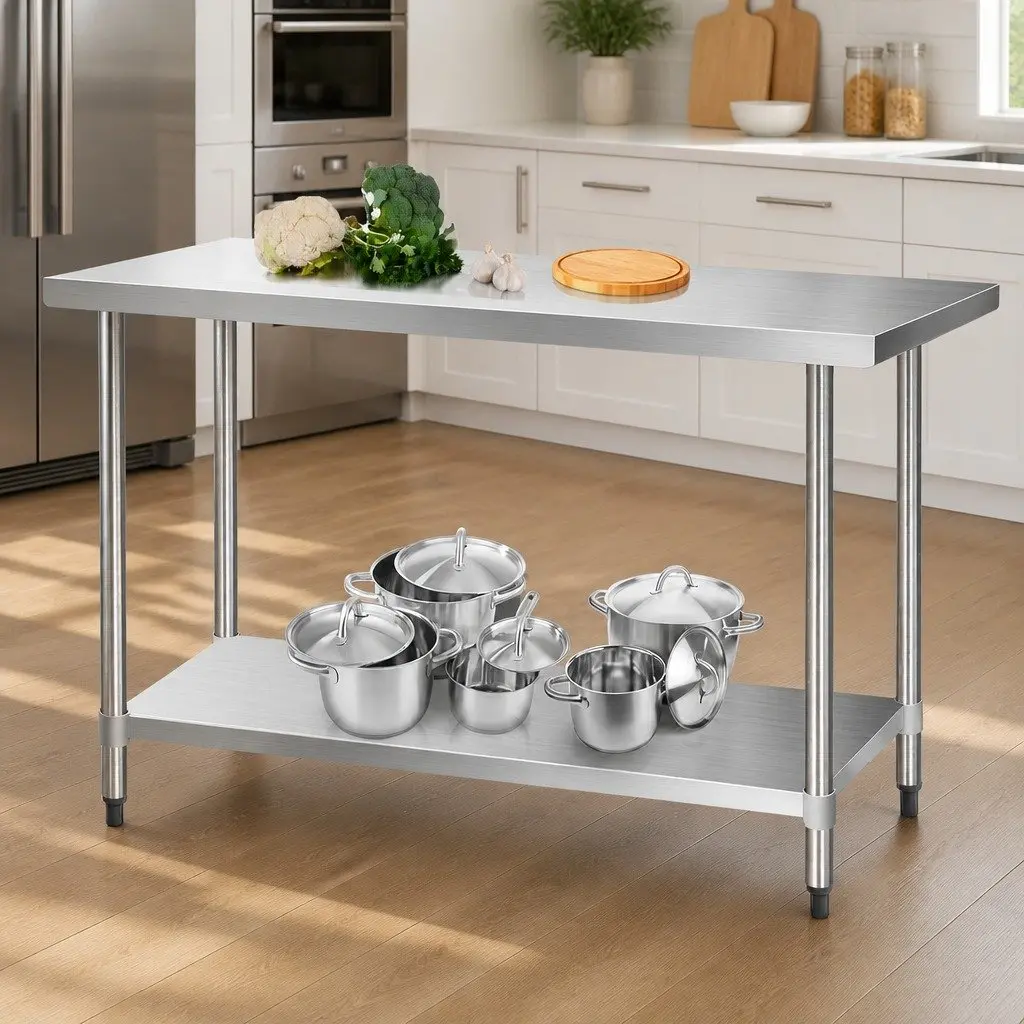 Stainless Steel Kitchen Bench Mobile Adjustable Shelf Work Table with Wheels 1524 x 610 x 980mm