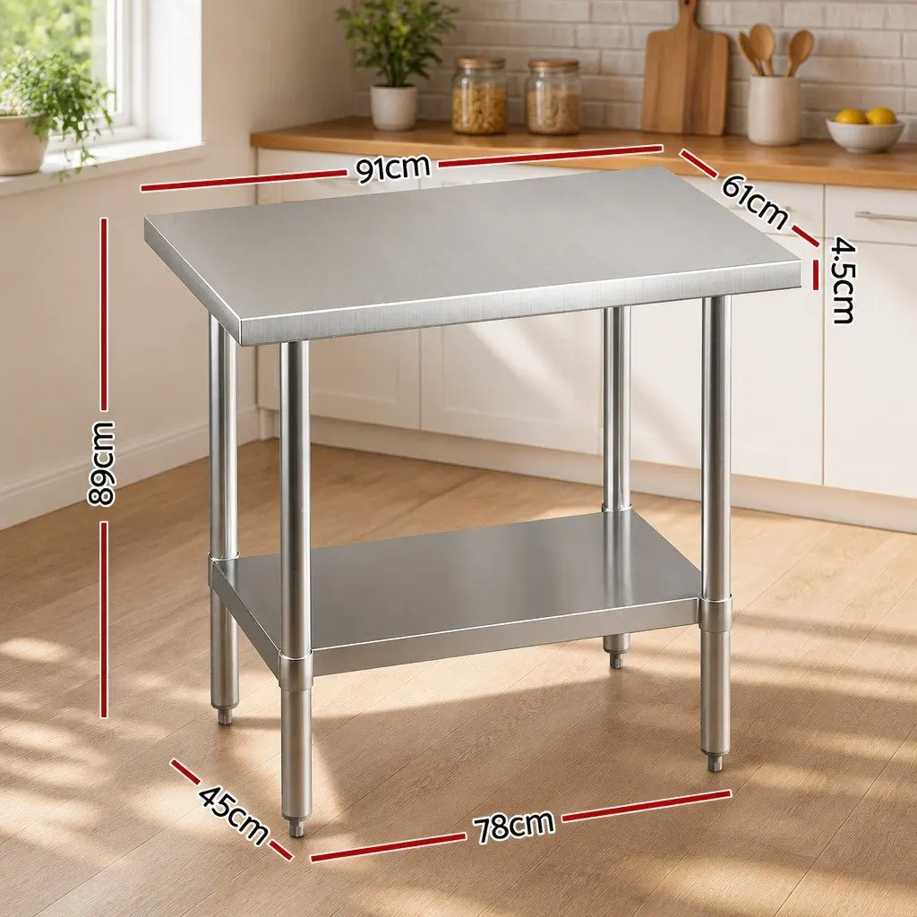 Stainless Steel Kitchen Preparation Table Silver 910x610mm Commercial Grade with Adjustable Under-Shelf and Bullet Feet for Home and Restaurant Use