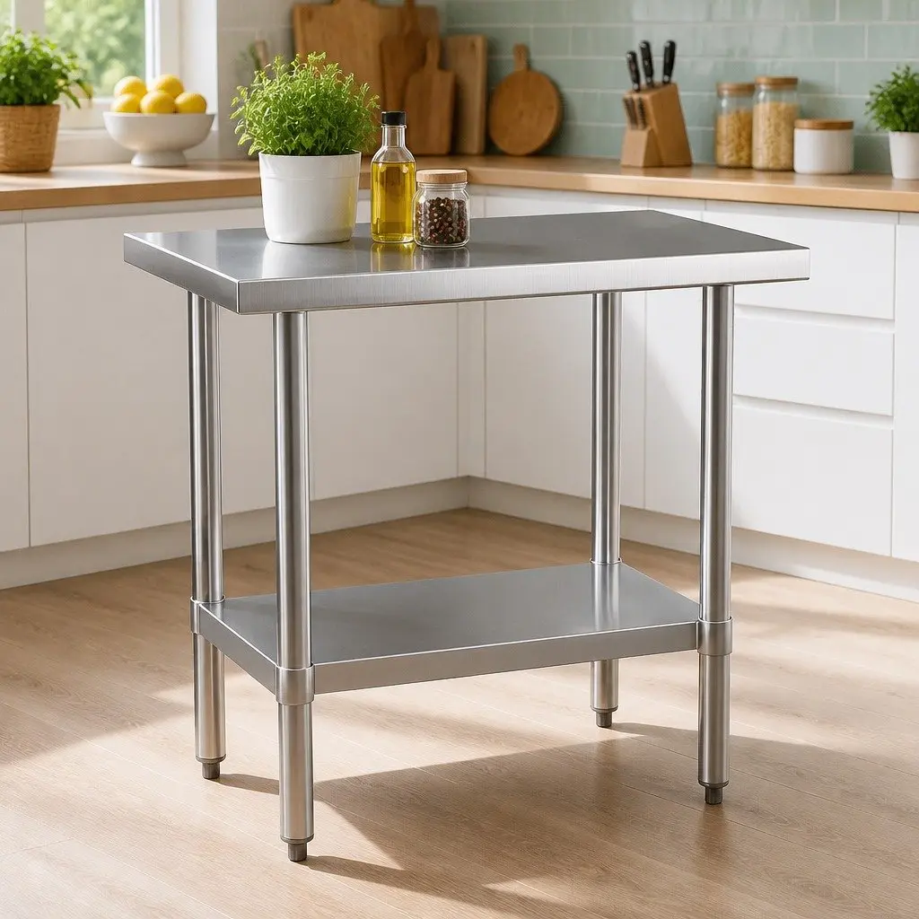 Stainless Steel Kitchen Preparation Table Silver 910x610mm Commercial Grade with Adjustable Under-Shelf and Bullet Feet for Home and Restaurant Use