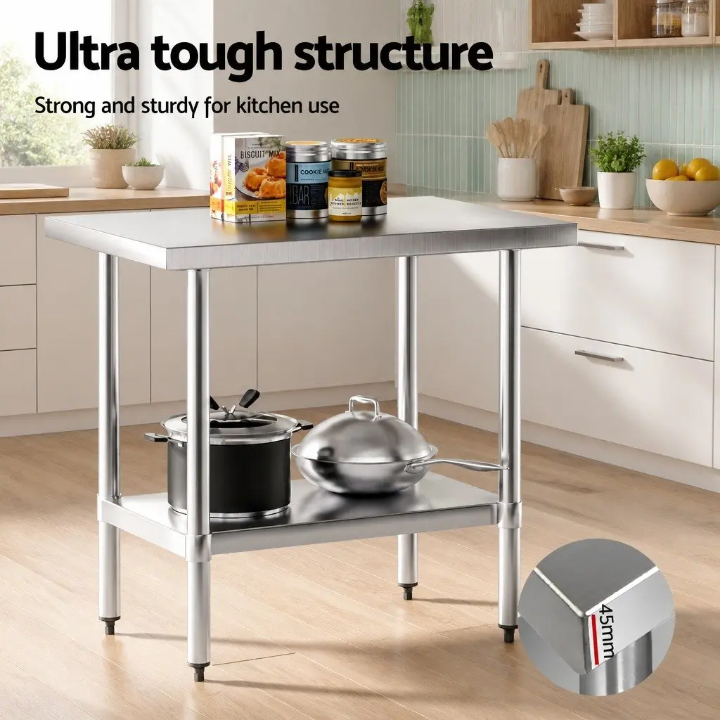 Stainless Steel Kitchen Preparation Table Silver 910x610mm Commercial Grade with Adjustable Under-Shelf and Bullet Feet for Home and Restaurant Use