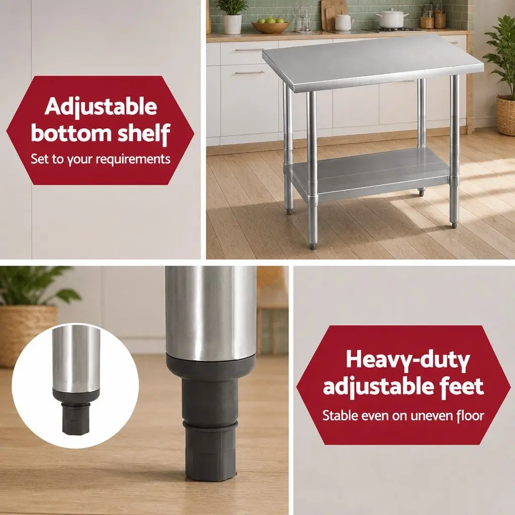Stainless Steel Kitchen Preparation Table Silver 910x610mm Commercial Grade with Adjustable Under-Shelf and Bullet Feet for Home and Restaurant Use
