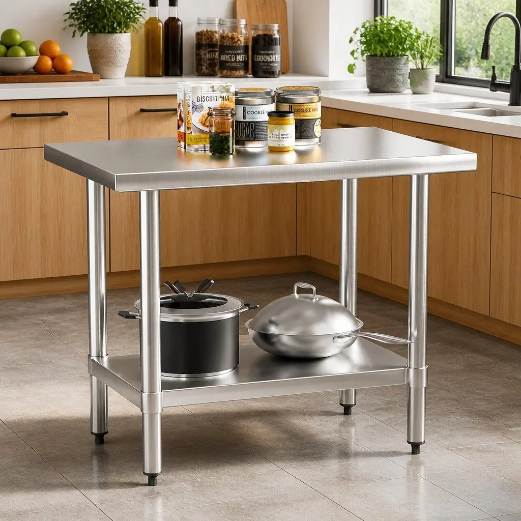 Stainless Steel Kitchen Preparation Table Silver 910x610mm Commercial Grade with Adjustable Under-Shelf and Bullet Feet for Home and Restaurant Use