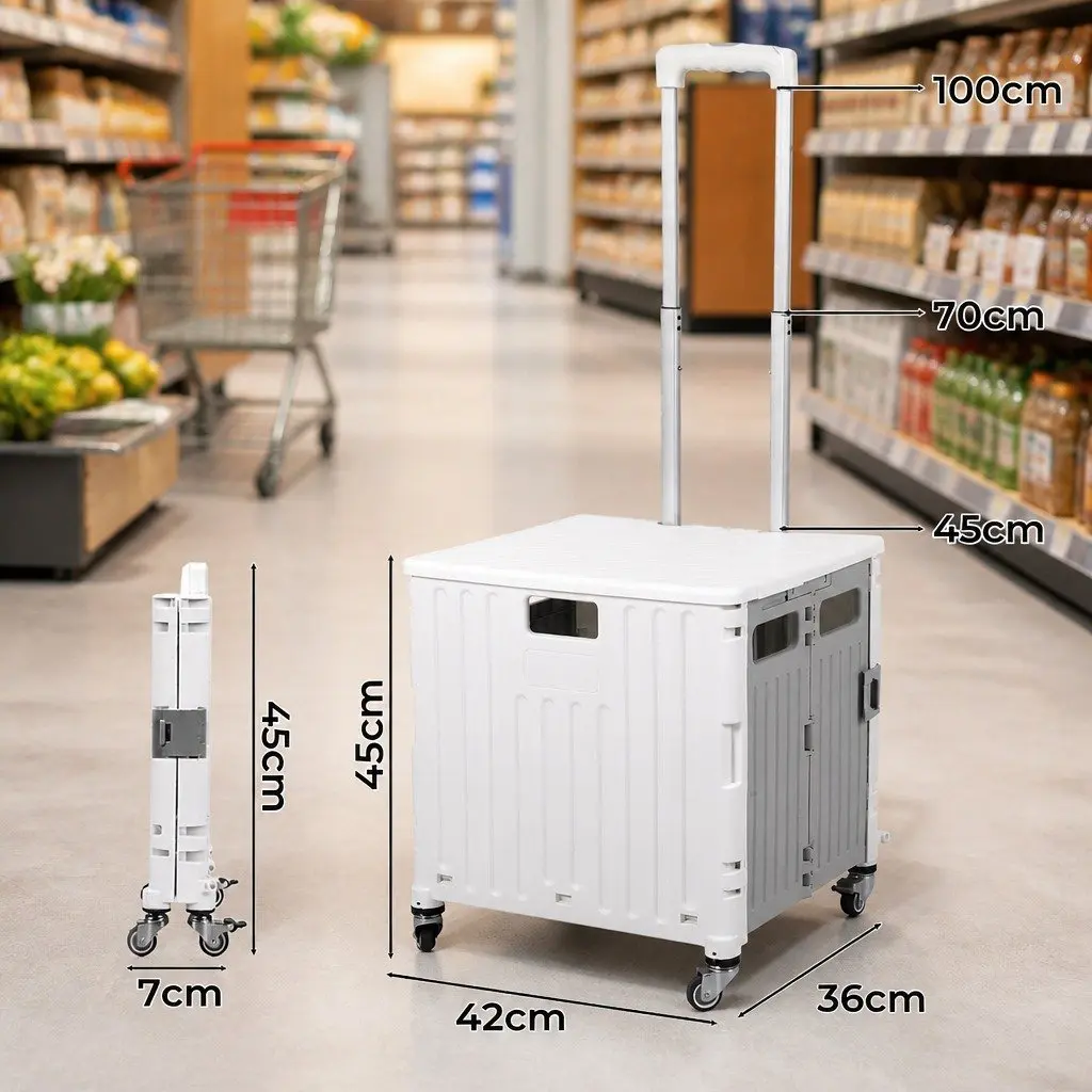 Folding Shopping Trolley Cart Collapsible Portable 65L PP Crate Aluminium Handle TPR Wheels