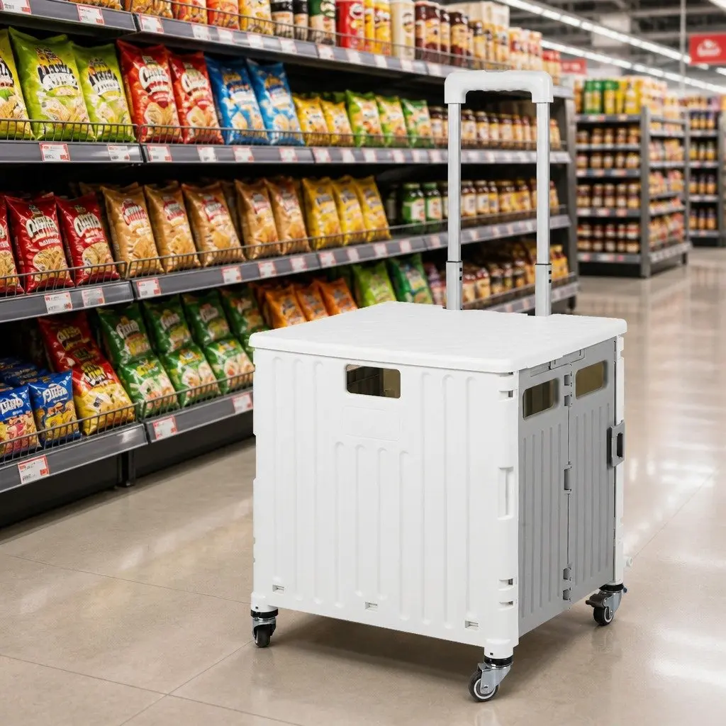 Folding Shopping Trolley Cart Collapsible Portable 65L PP Crate Aluminium Handle TPR Wheels