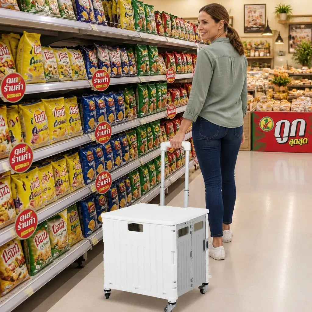 Folding Shopping Trolley Cart Collapsible Portable 65L PP Crate Aluminium Handle TPR Wheels
