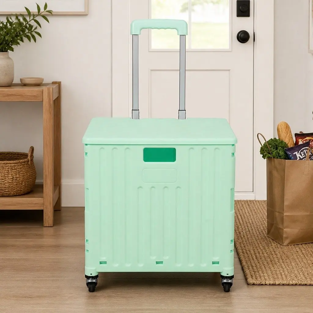 Folding Shopping Trolley Cart Collapsible Green 42cm x 36cm x 45cm PP Plastic