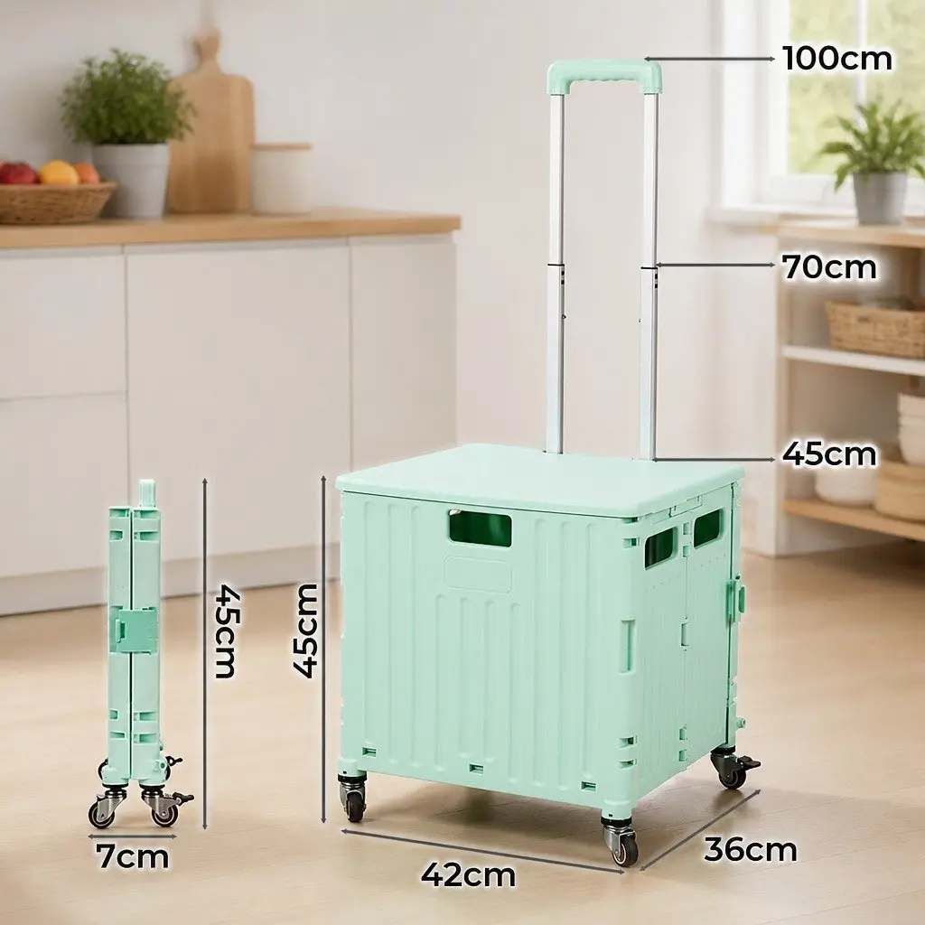 Folding Shopping Trolley Cart Collapsible Green 42cm x 36cm x 45cm PP Plastic