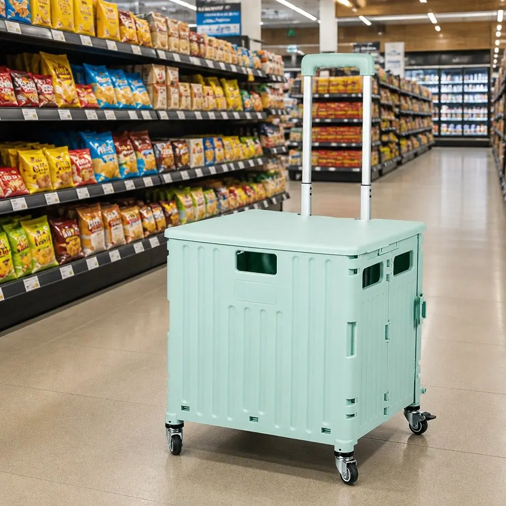 Folding Shopping Trolley Cart Collapsible Green 42cm x 36cm x 45cm PP Plastic