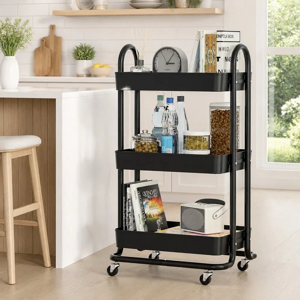 Storage Trolley Black 3 Tier Kitchen Cart Rack Shelf Organiser Steel Frame