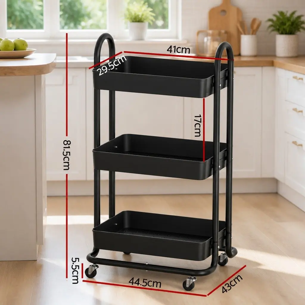 Storage Trolley Black 3 Tier Kitchen Cart Rack Shelf Organiser Steel Frame