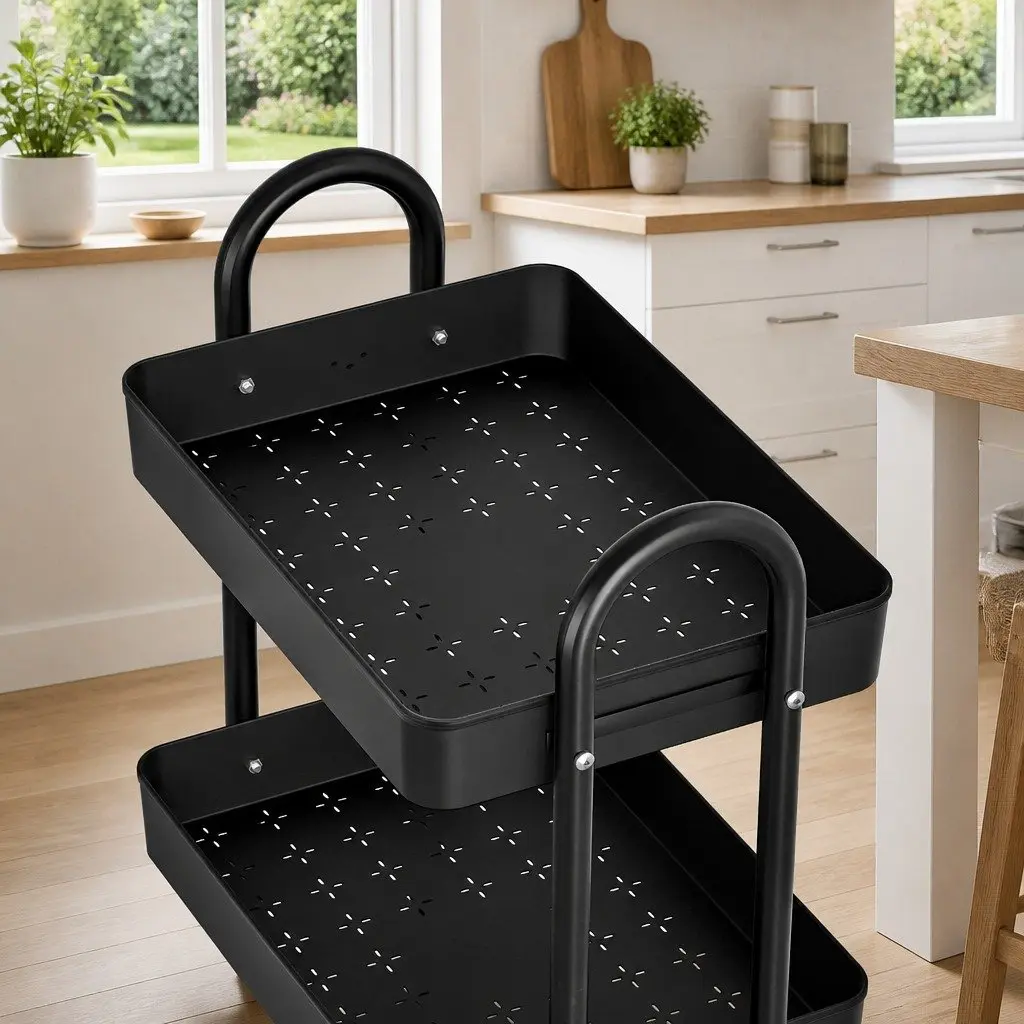 Storage Trolley Black 3 Tier Kitchen Cart Rack Shelf Organiser Steel Frame
