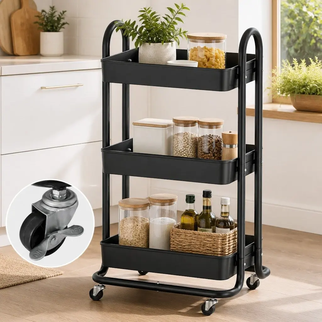 Storage Trolley Black 3 Tier Kitchen Cart Rack Shelf Organiser Steel Frame