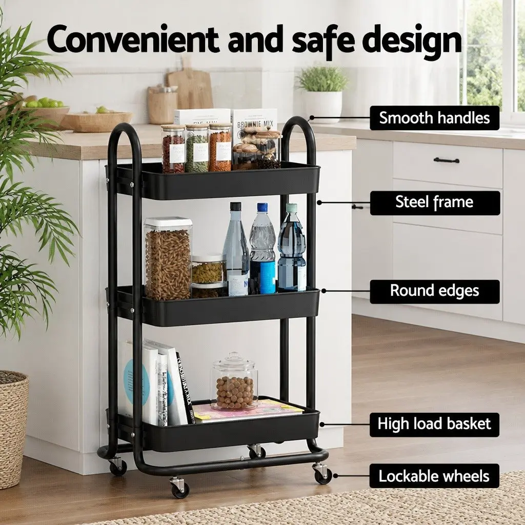 Storage Trolley Black 3 Tier Kitchen Cart Rack Shelf Organiser Steel Frame
